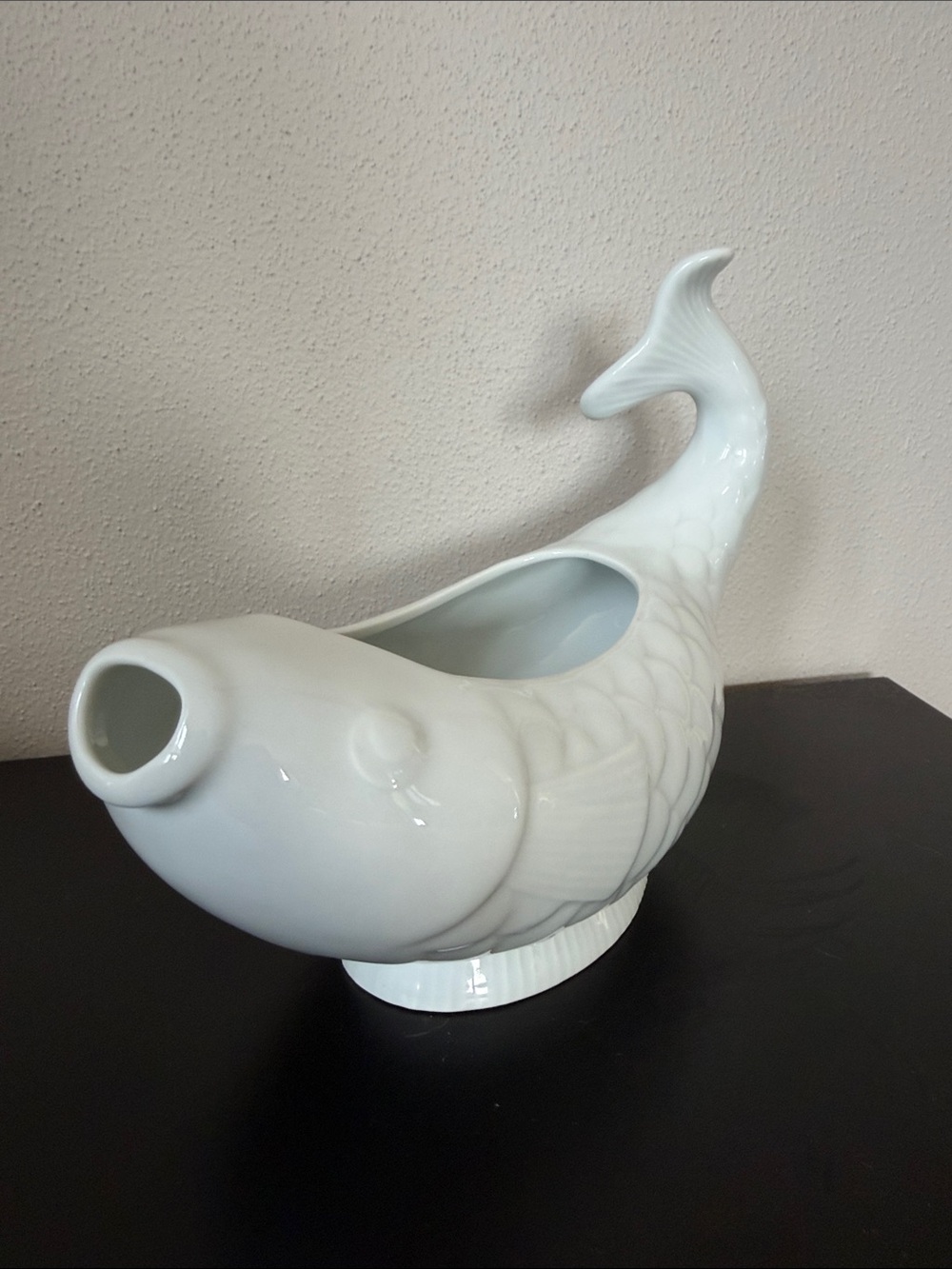 Vintage: C.1970's, White porcelain Dansk Koi Fish gravy boat, or server.